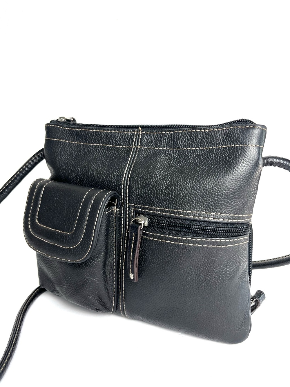 Tignanello Women’s Black Genuine Leather Crossbody Pockets Purse White Stitching